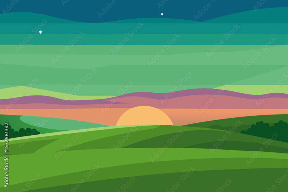 Obraz premium Vast Green Pastures Under A Gradient Sky During A Sunset