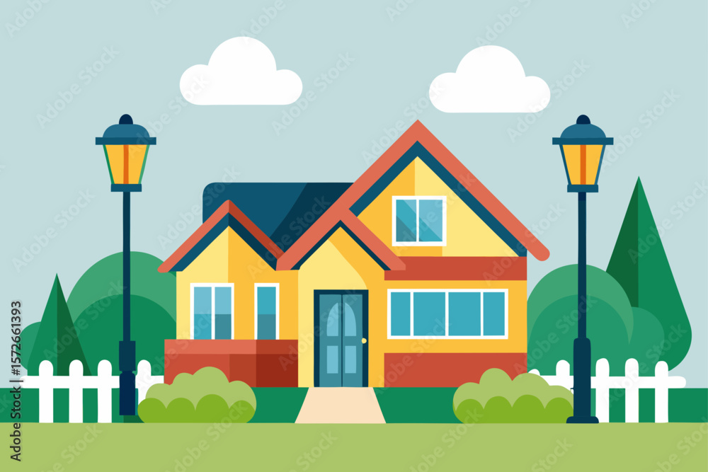 Naklejka premium Traditional Suburban Home With Summer Lawn And Garden