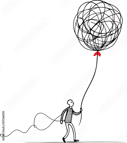 Balloon Made of Tangled Lines Lifting a Person Concept