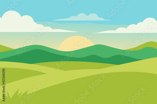 Wide Grassland With Soft Sunlight And Distant Hills