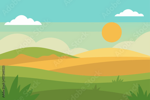 Wide Grassland With Soft Sunlight And Distant Hills