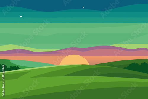 Vast Green Pastures Under A Gradient Sky During A Sunset