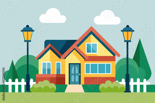 Traditional Suburban Home With Summer Lawn And Garden