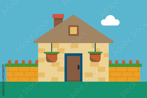 Traditional Home With Stone Wall And Summer Flowers