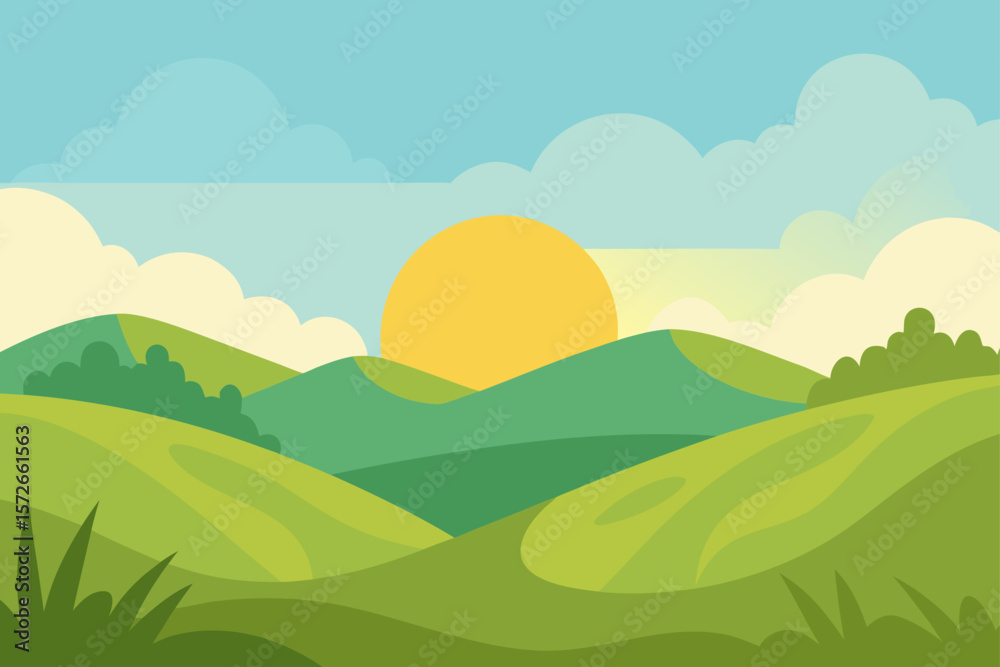 Fototapeta premium Peaceful Meadow With Soft Grassy Hills And Morning Glow