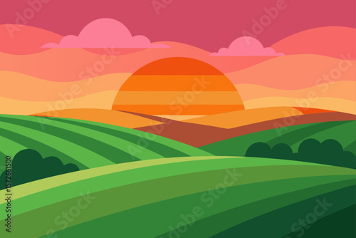 Rolling Green Fields Under A Glowing Summer Sunset