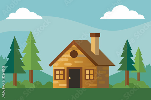Rustic Cabin With Stone Chimney And Summer Forest View