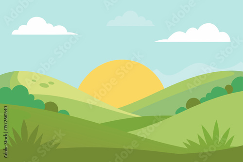 Peaceful Meadow With Soft Grassy Hills And Morning Glow