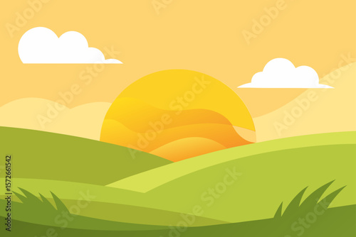 Rolling Grassy Landscape With Golden Hour Sunlight