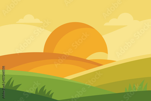 Rolling Grassy Landscape With Golden Hour Sunlight