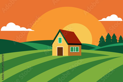 Farmhouse With Green Fields And Summer Sunset In Distance