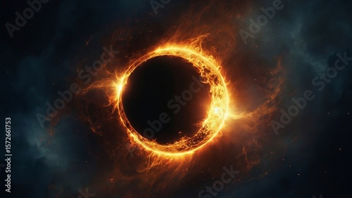 A stunning view of a sun eclipse at the night sky. Solar flame burning light glowing around a dark moon silhouette surrounded by space cosmic nebulas and stars.