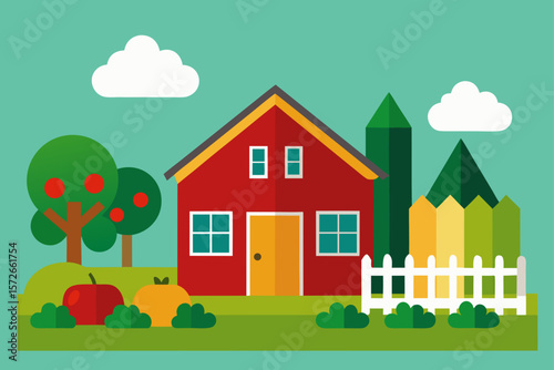 Farmhouse With Wooden Porch And Summer Vegetable Garden
