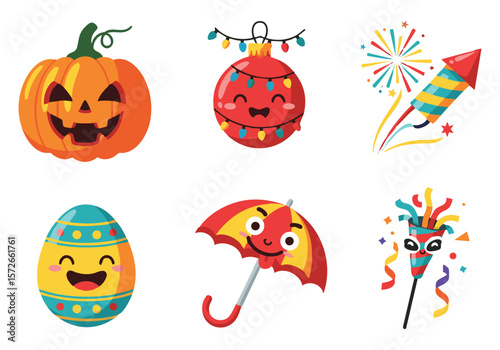 Vibrant Cartoon Celebration Icons: Pumpkin, Firecracker, Party Ball, Egg, Umbrella, Confetti - Perfect for Festive Designs