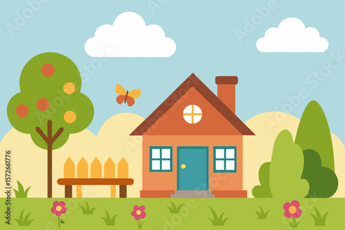 Cozy Country Cottage With Garden Bench And Summer Scene