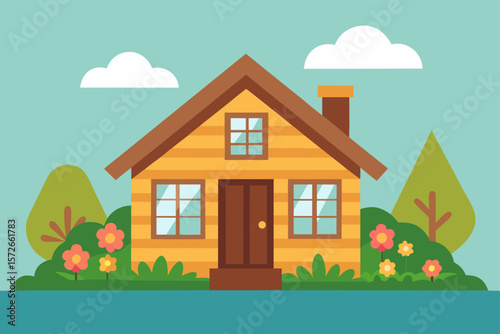 Cozy Timber Cottage With Flower Beds And Summer Setting