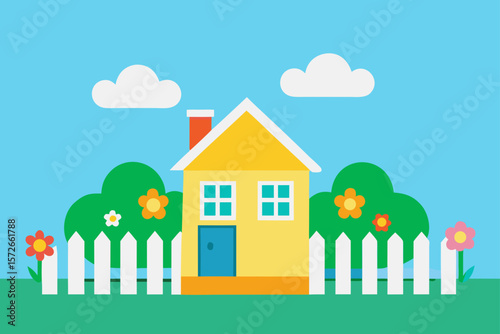 Cottage With Blooming Summer Garden And White Picket Fence