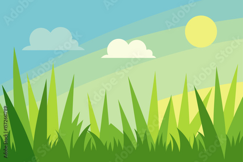 Calm Meadow With Thick Green Grass Under Bright Sunlight