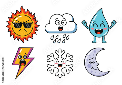 Cartoon Weather Icons: Sun, Cloud, Rain, Lightning, Snow, Moon – Perfect for App Design & Websites