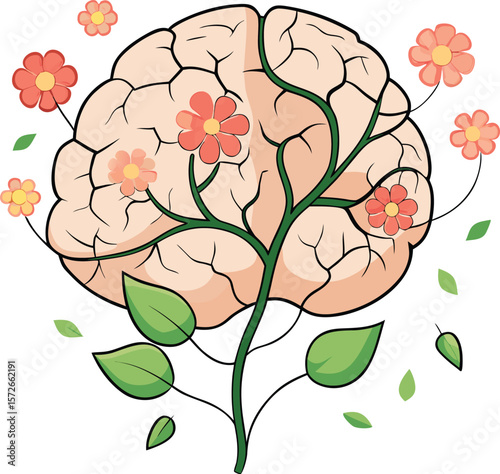 Brain Cracked Open with Flowers Blooming Mental Health Art