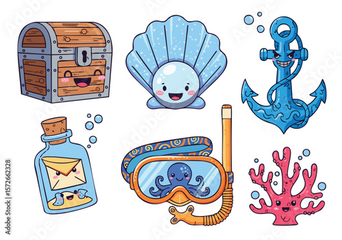Pixel Art Ocean Treasures: Cute Chest, Shell, Anchor, & More! Perfect for Game Assets, Websites, and Designs