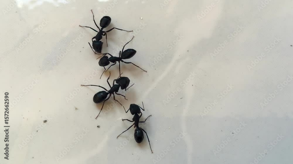 Extreme close-up macro shot of ants working together in their natural habitat