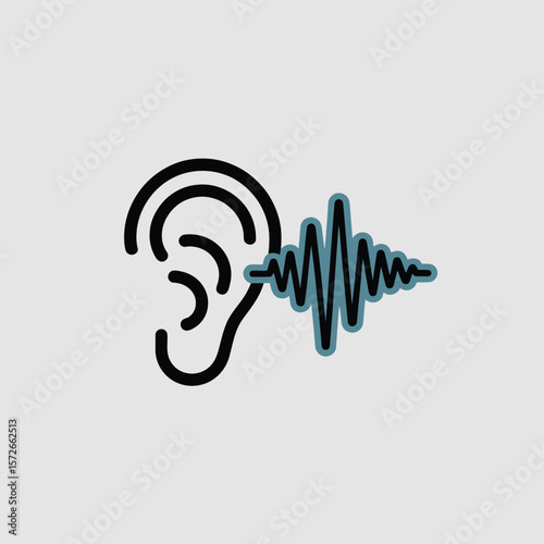 Minimalist Icon of a Human Ear Receiving a Sound Wave Depicted as a Teal Blue and Green Gradient Waveform Against a Light Gray Background