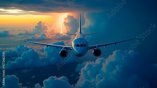 Front view of an airplane, looking into the cockpit, in the sky, flying away from a thunderstorm into clear skies