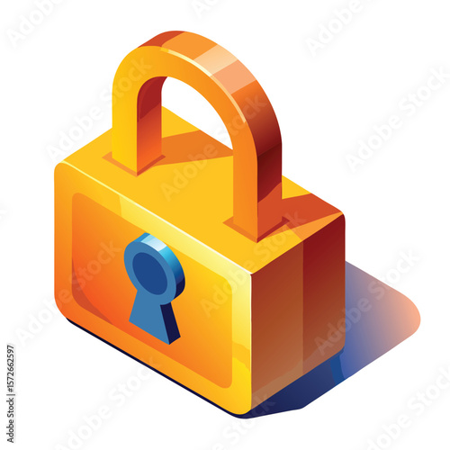 Golden padlock with blue keyhole in isometric view silhouette