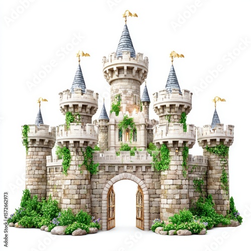 Fantasy Stone Castle with Towers, Golden Flags, and Lush Greenery on White Background