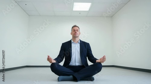 Businessman wearing a suit sits on the floor of a white room, meditating in a lotus position with his eyes closed, finding peace and mindfulness amidst work stress