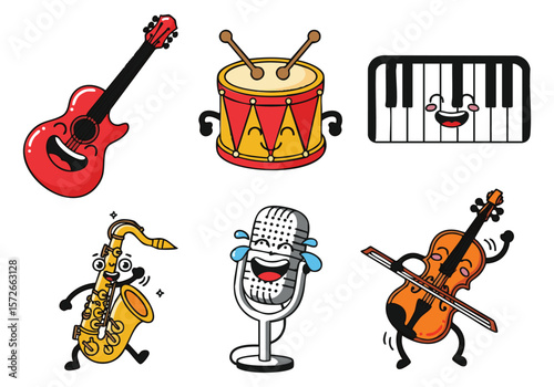Cartoon Musical Instruments: Guitar, Drum, Piano, Saxophone, Microphone, Violin