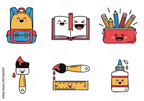 Cute Pixel Art School Supplies: Backpack, Books, Pencil Case, Paintbrush, Ruler, Glue - Back to School Illustration