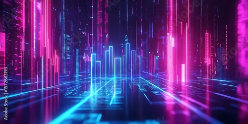 Abstract neon cityscape with glowing lines and bars