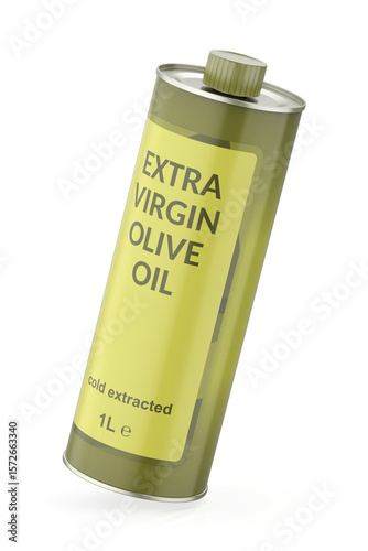 Extra virgin olive oil in a round tin bottle on white background
