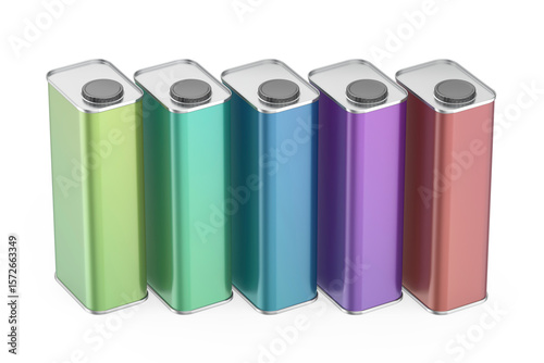 Row of five colorful square tin cans for motor oil and other liquids on a white background