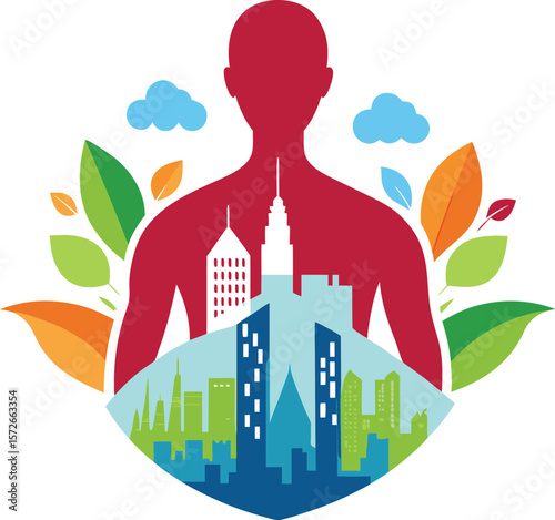 Cityscape Within a Human Silhouette Conceptual Vector