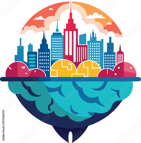 City Skyline Reflecting Upside Down in Brain Concept