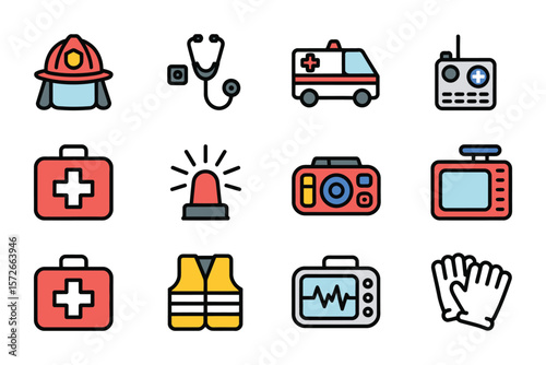 Firefighter and ambulance icon set

