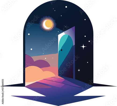 Conceptual Door Opening into Stars Surreal Vector