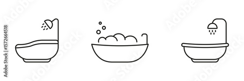 Bathtub And Shower Line Icon Set. Bathroom Hygiene, Relaxation, And Spa Experience Outline Symbol Collection. Cleanliness And Self-Care. Editable Stroke. Isolated Vector Illustration