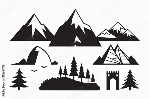 mountain icon set silhouette vector