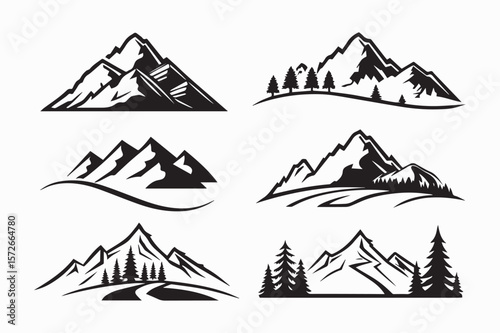 mountain icon set silhouette vector