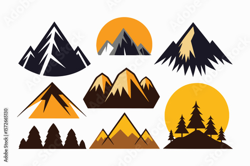 mountain icon set silhouette vector