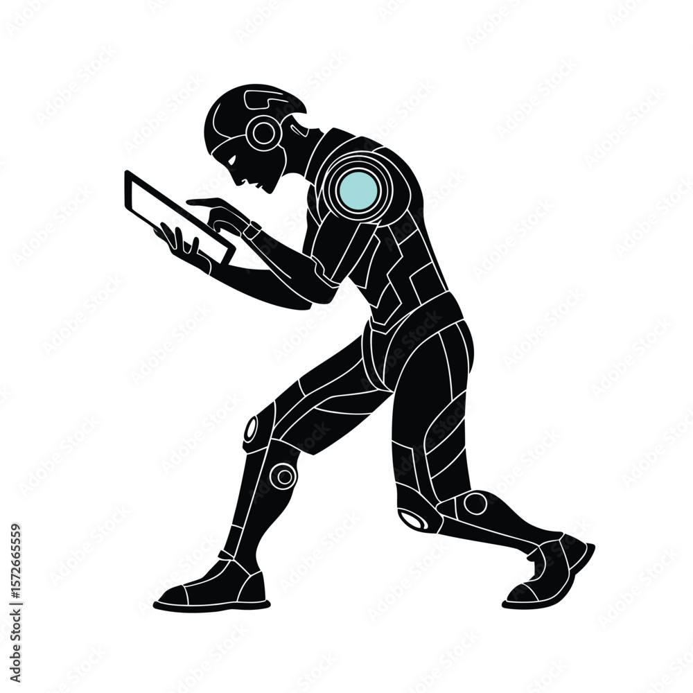 Fototapeta premium Cyborg Holding a Futuristic Tablet Vector Black