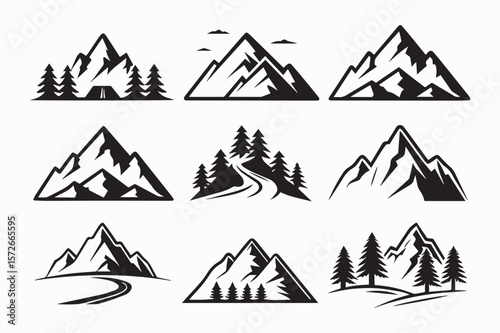 mountain icon set silhouette vector