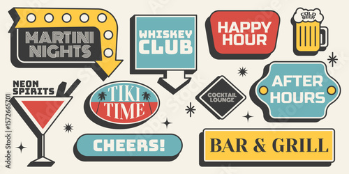 Retro sticker set. Bar and cocktail signs with neon glow and bold labels. Perfect for nightlife visuals in mid century 50s style. Vector illustration