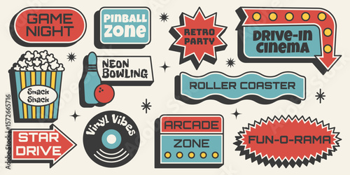 Retro sticker set. Bowling, arcade, vinyl, popcorn and entertainment signs in midcentury 50s style. Vector illustration for fun and leisure