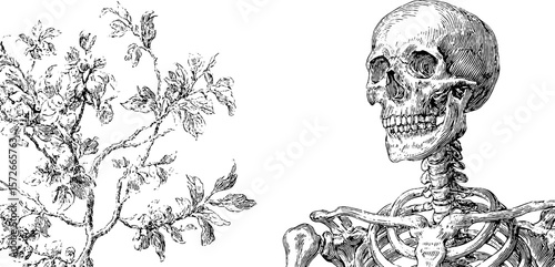 Detailed anatomical skeleton and tree branch engraving for educational and artistic design