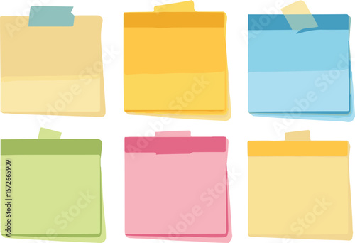 A collection of six colorful sticky notes in pastel shades of yellow orange blue green and pink each with a tab and attached with tape isolated on a white background